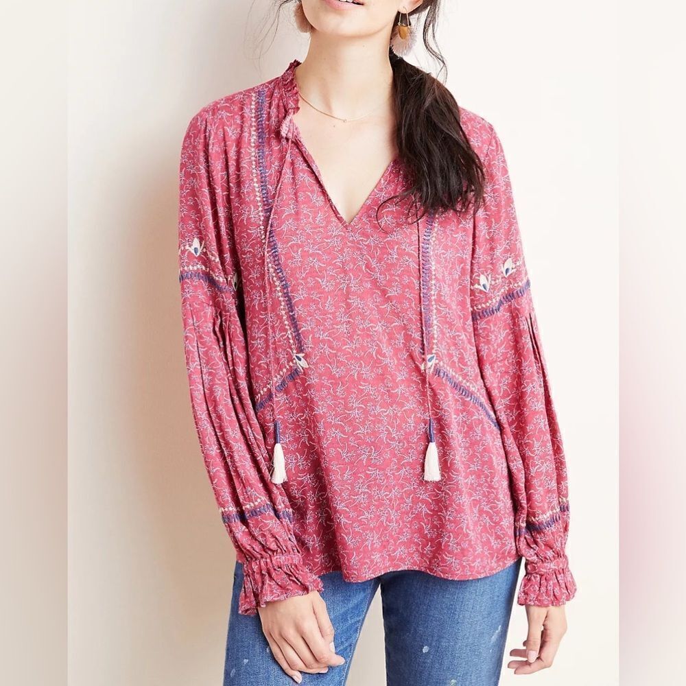 Dolan Left Coast Romantic Amelia Blouse Embroidered Tassels Raspberry Floral L